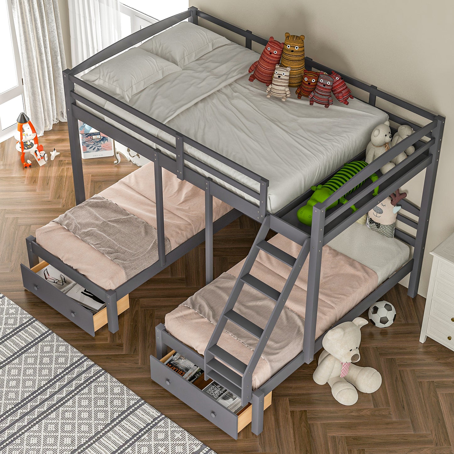Full over Twin & Twin Bunk Bed,Gray