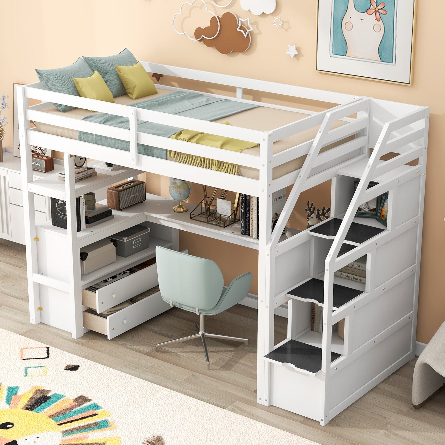 Twin Size Loft Bed with Desk and Shelves White