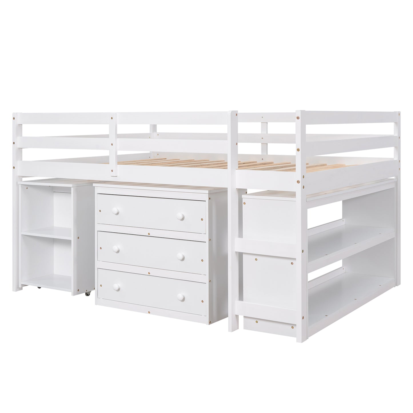 Low Study Full Loft Bed with Cabinet White