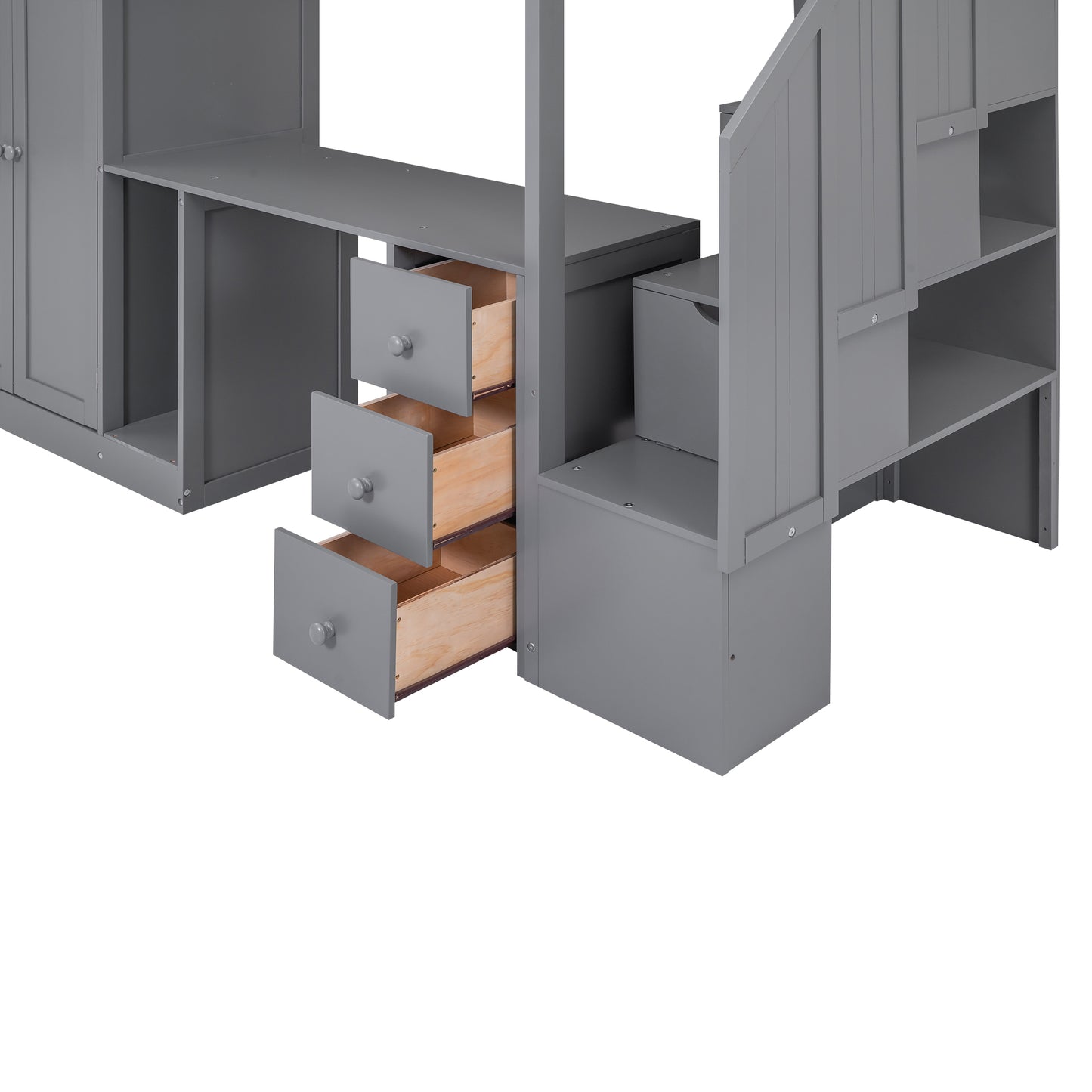 Twin Size Loft Bed with Wardrobe and Staircase Gray