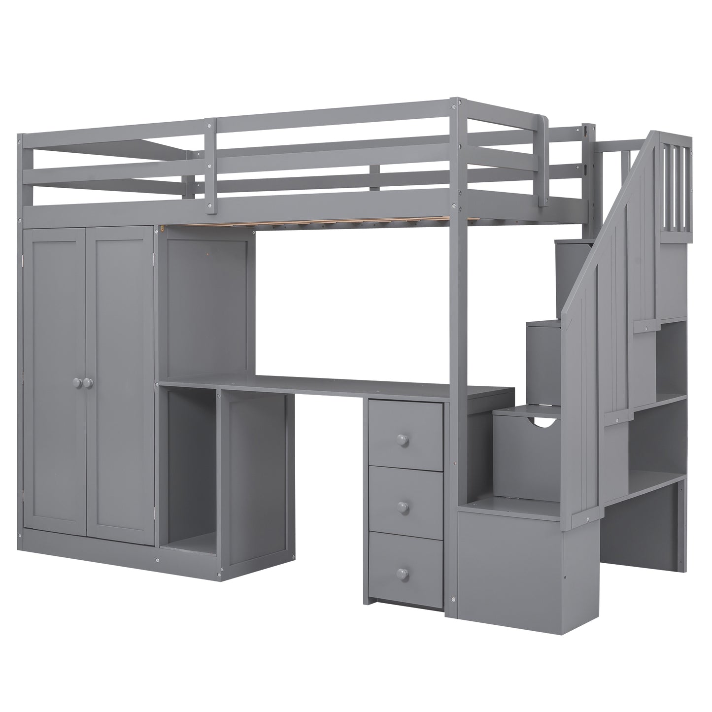 Twin Size Loft Bed with Wardrobe and Staircase Gray