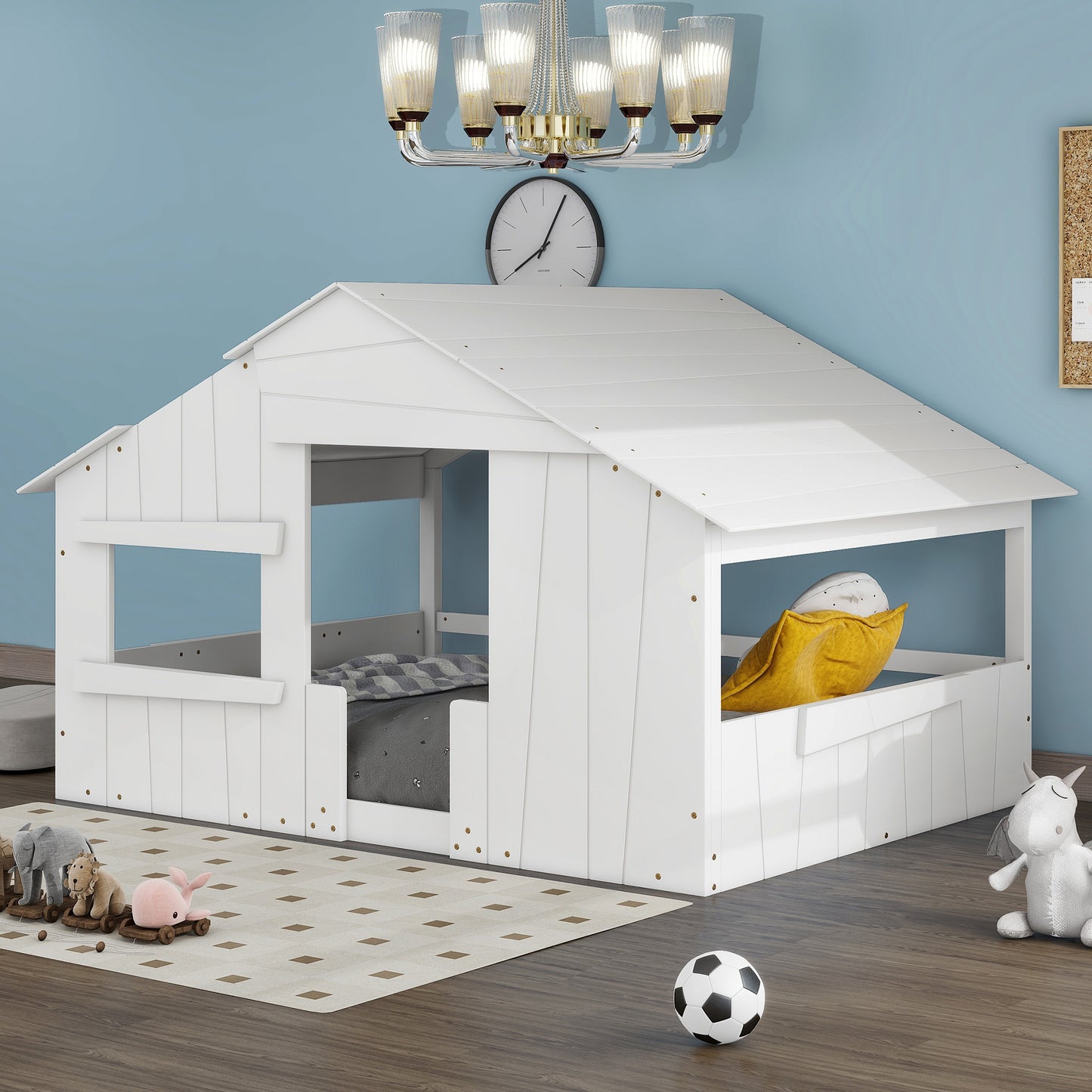 Wood Full Size House Bed with Roof,White