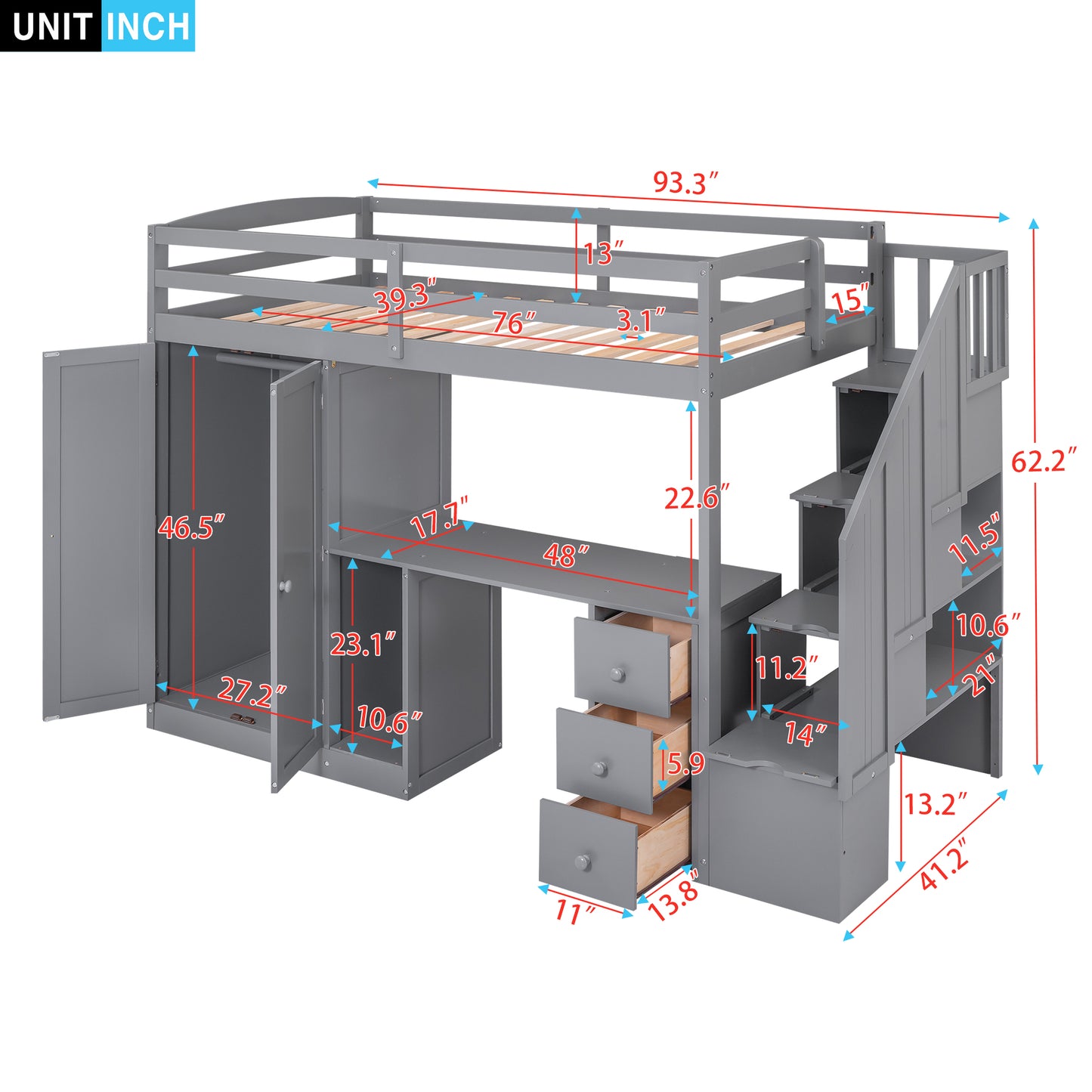 Twin Size Loft Bed with Wardrobe and Staircase Gray