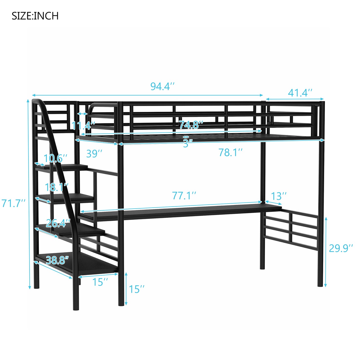 Metal Loft Bed Frame with Desk Black