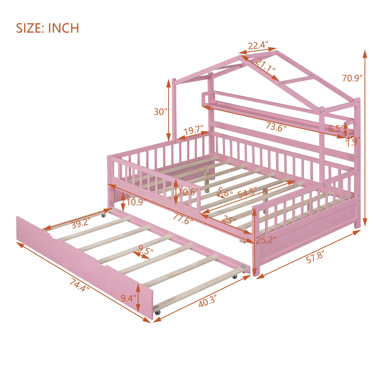 Wooden Full Size House Bed with Twin Size Pink