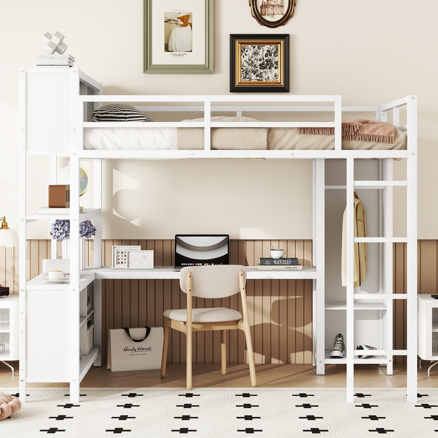 Metal loft bed with wardrobe and L-shaped desk white