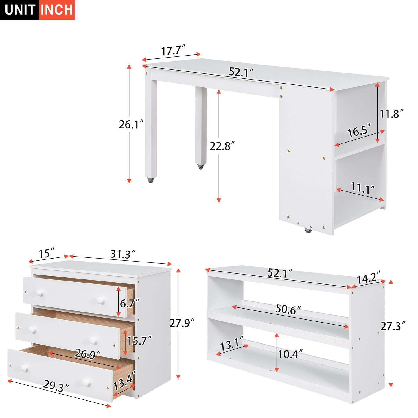 Low Study Full Loft Bed with Cabinet White