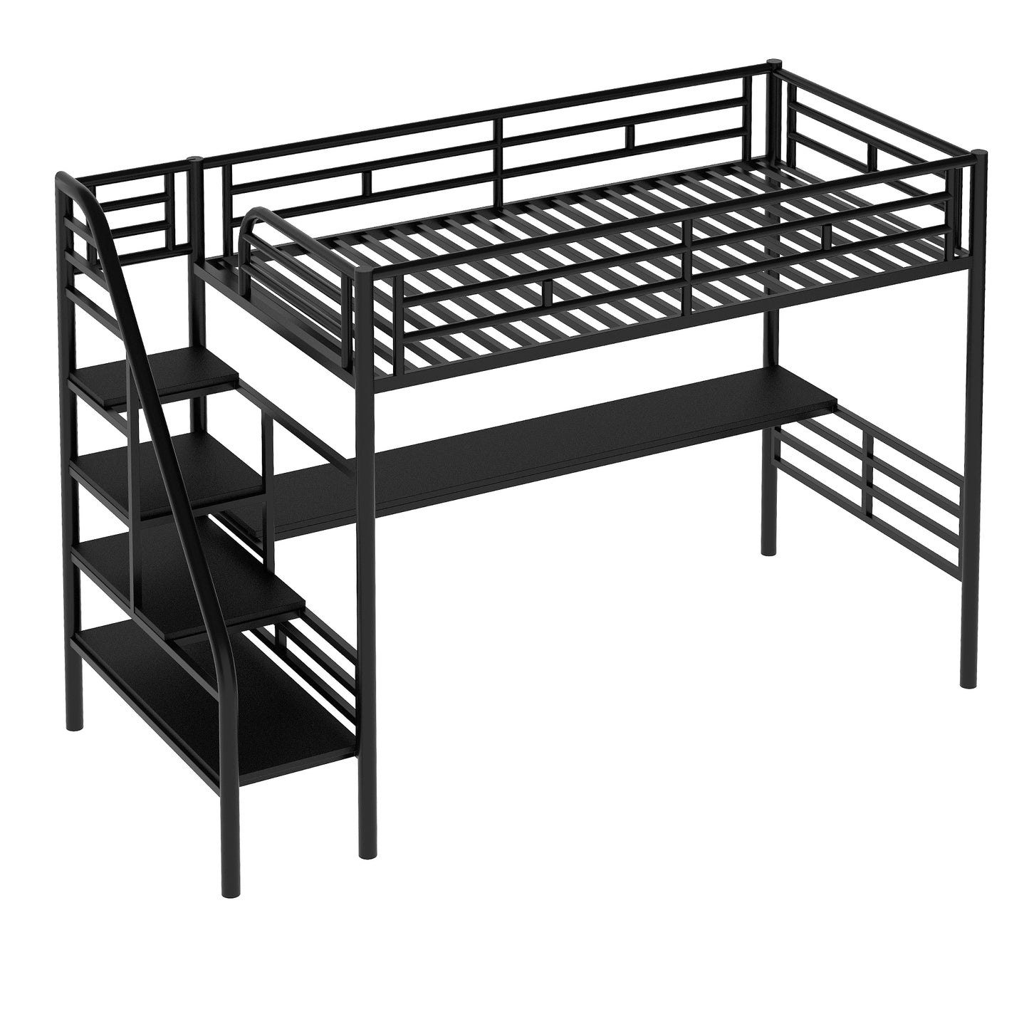 Metal Loft Bed Frame with Desk Black