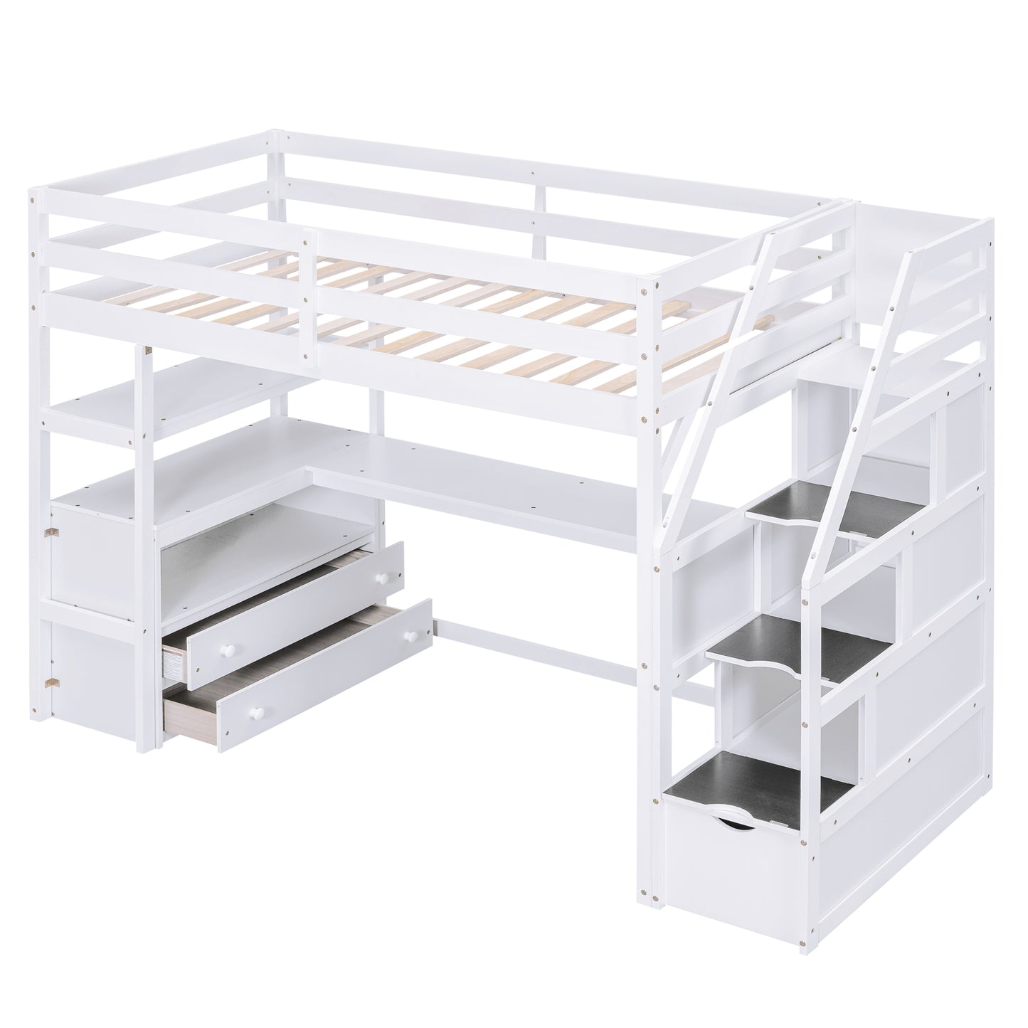 Twin Size Loft Bed with Desk and Shelves White