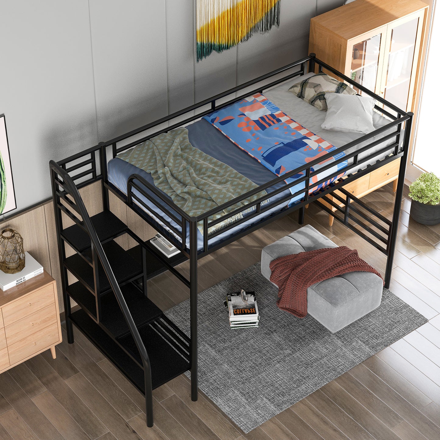 Metal Loft Bed Frame with Desk Black