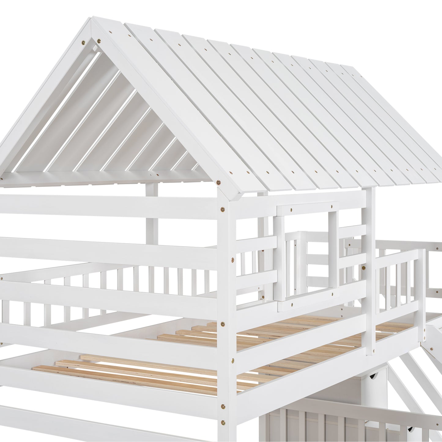 Twin over Twin House Bunk Bed with Trundle and Slide Storage White