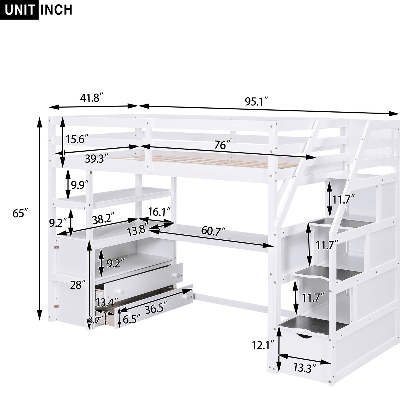 Twin Size Loft Bed with Desk and Shelves White