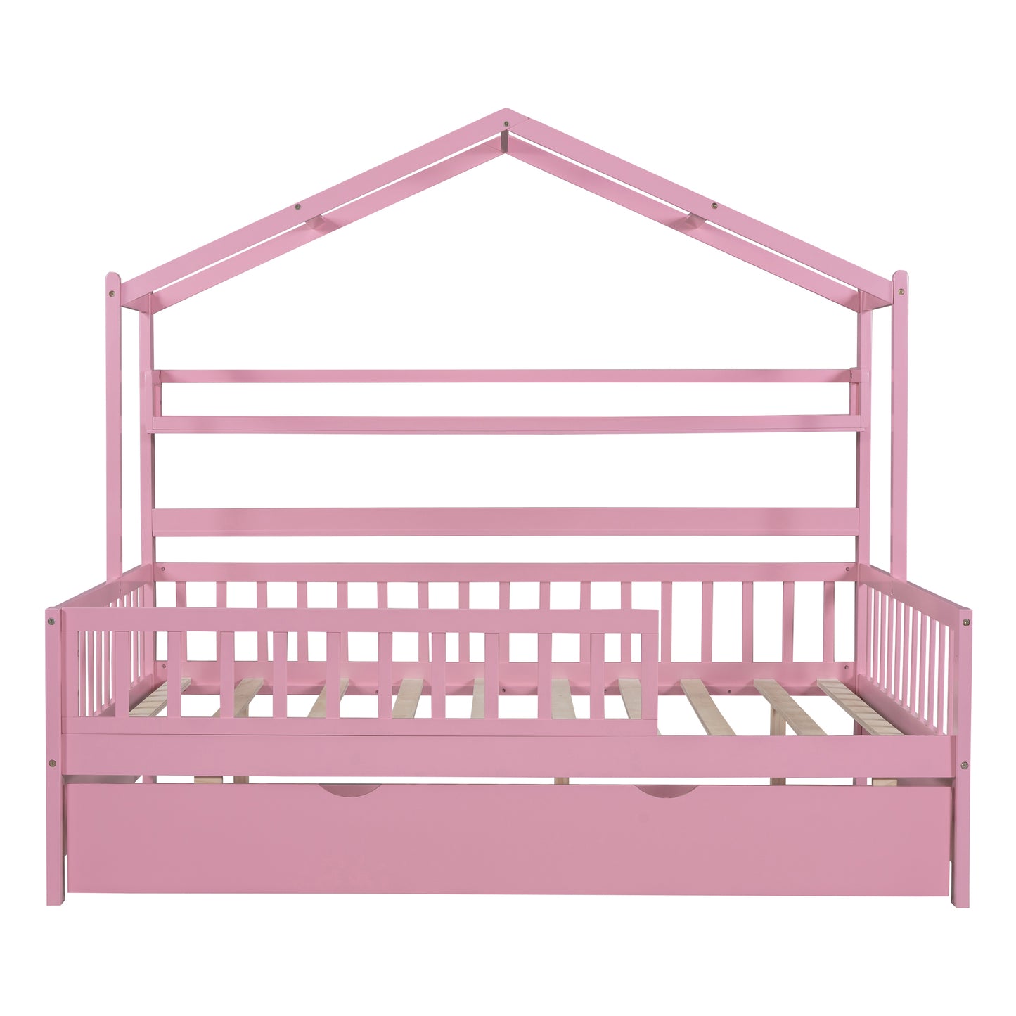 Wooden Full Size House Bed with Twin Size Pink