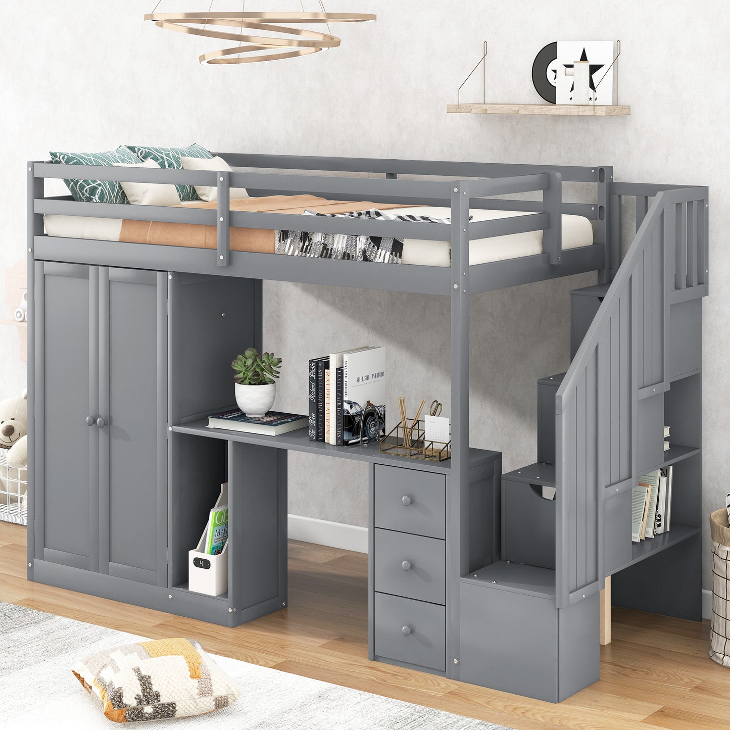 Twin Size Loft Bed with Wardrobe and Staircase Gray
