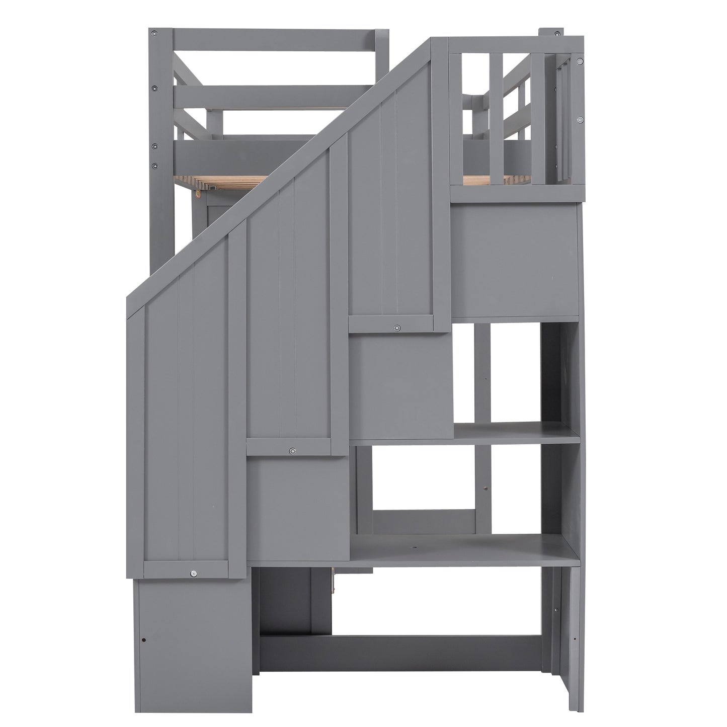 Twin Size Loft Bed with Wardrobe and Staircase Gray