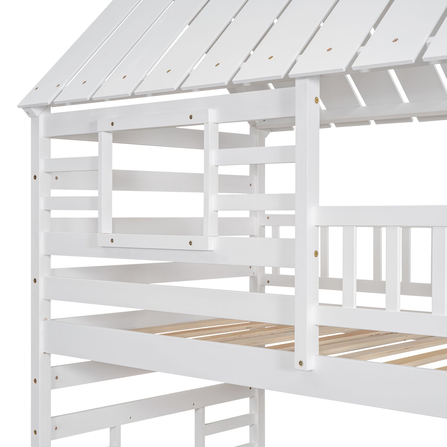 Twin over Twin House Bunk Bed with Trundle and Slide Storage White