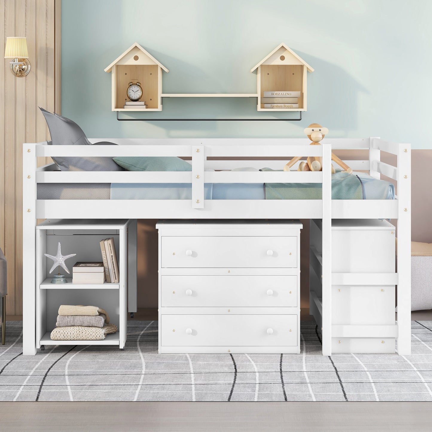 Low Study Full Loft Bed with Cabinet White