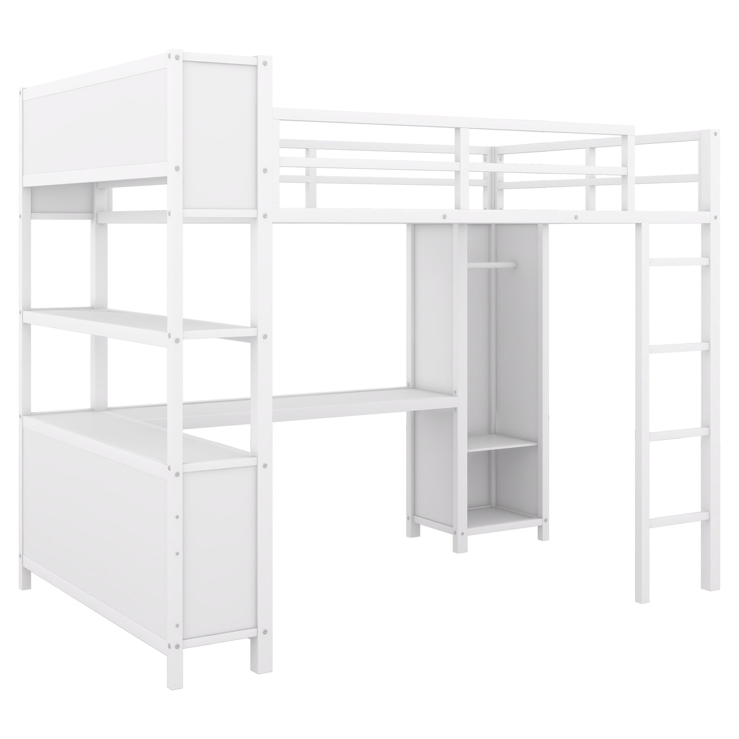 Metal loft bed with wardrobe and L-shaped desk white