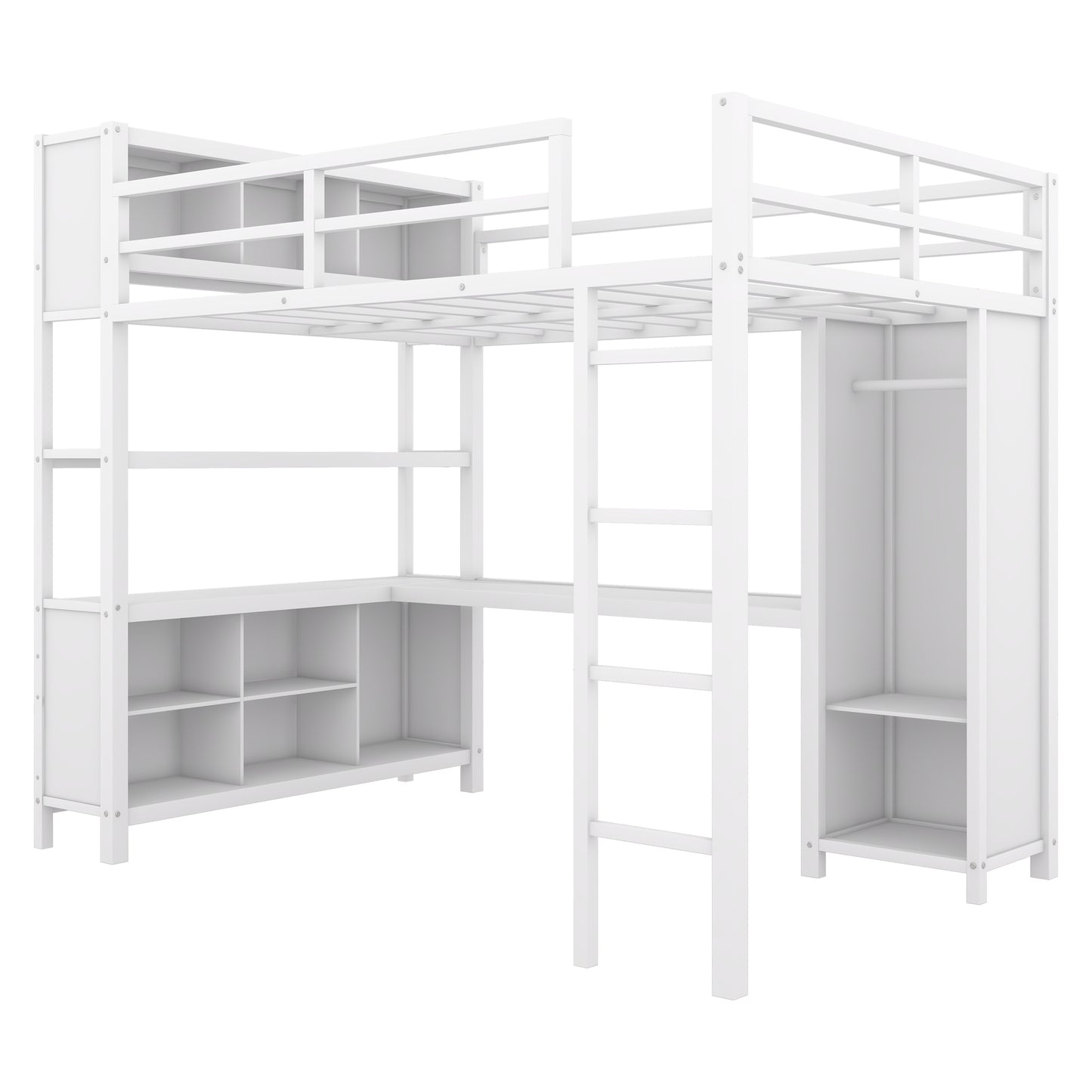Metal loft bed with wardrobe and L-shaped desk white