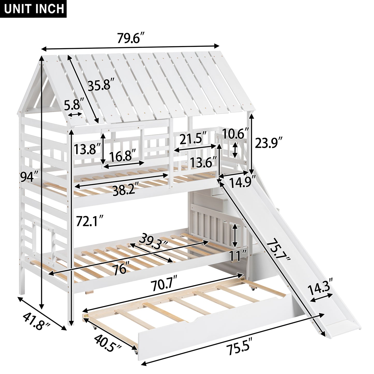 Twin over Twin House Bunk Bed with Trundle and Slide Storage White
