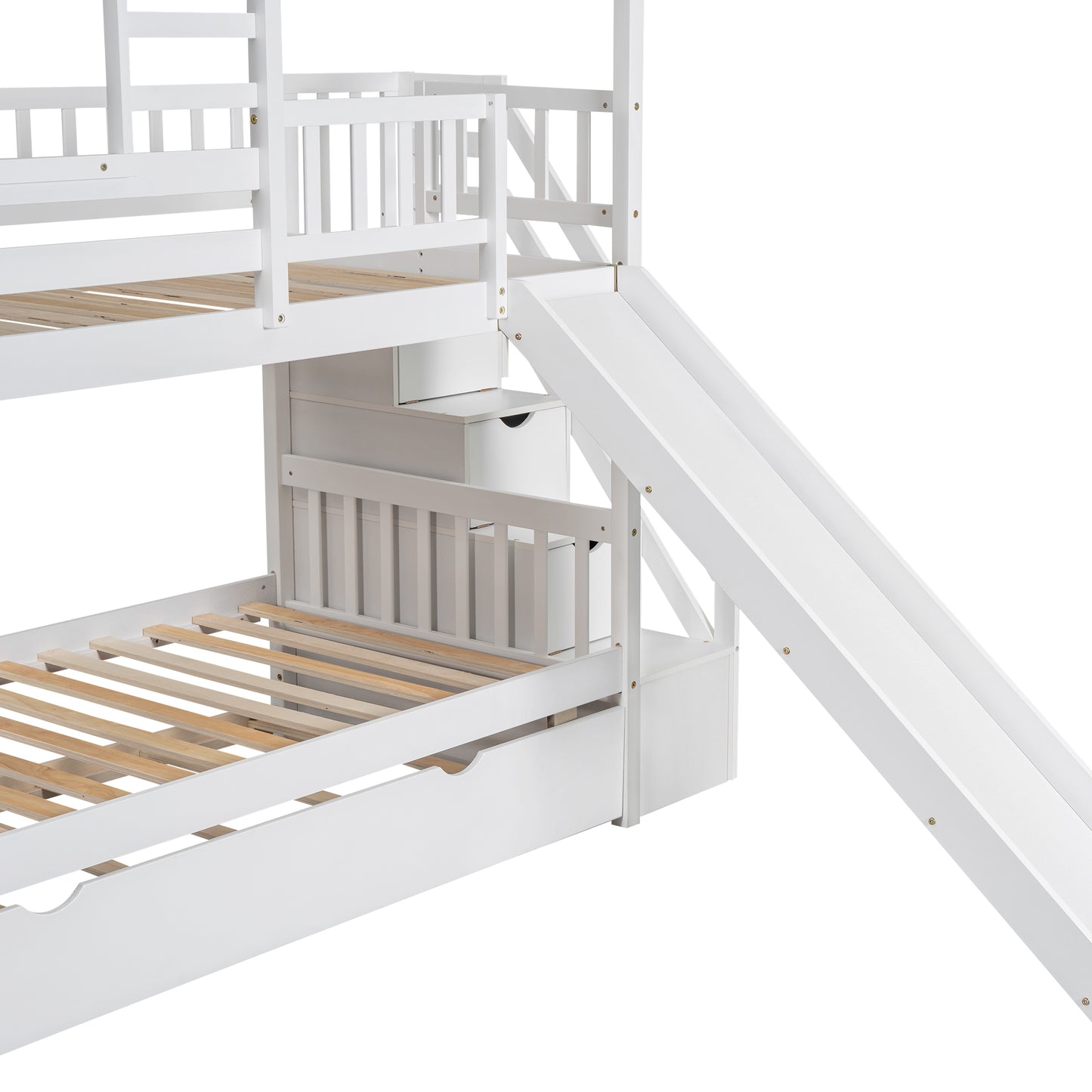Twin over Twin House Bunk Bed with Trundle and Slide Storage White