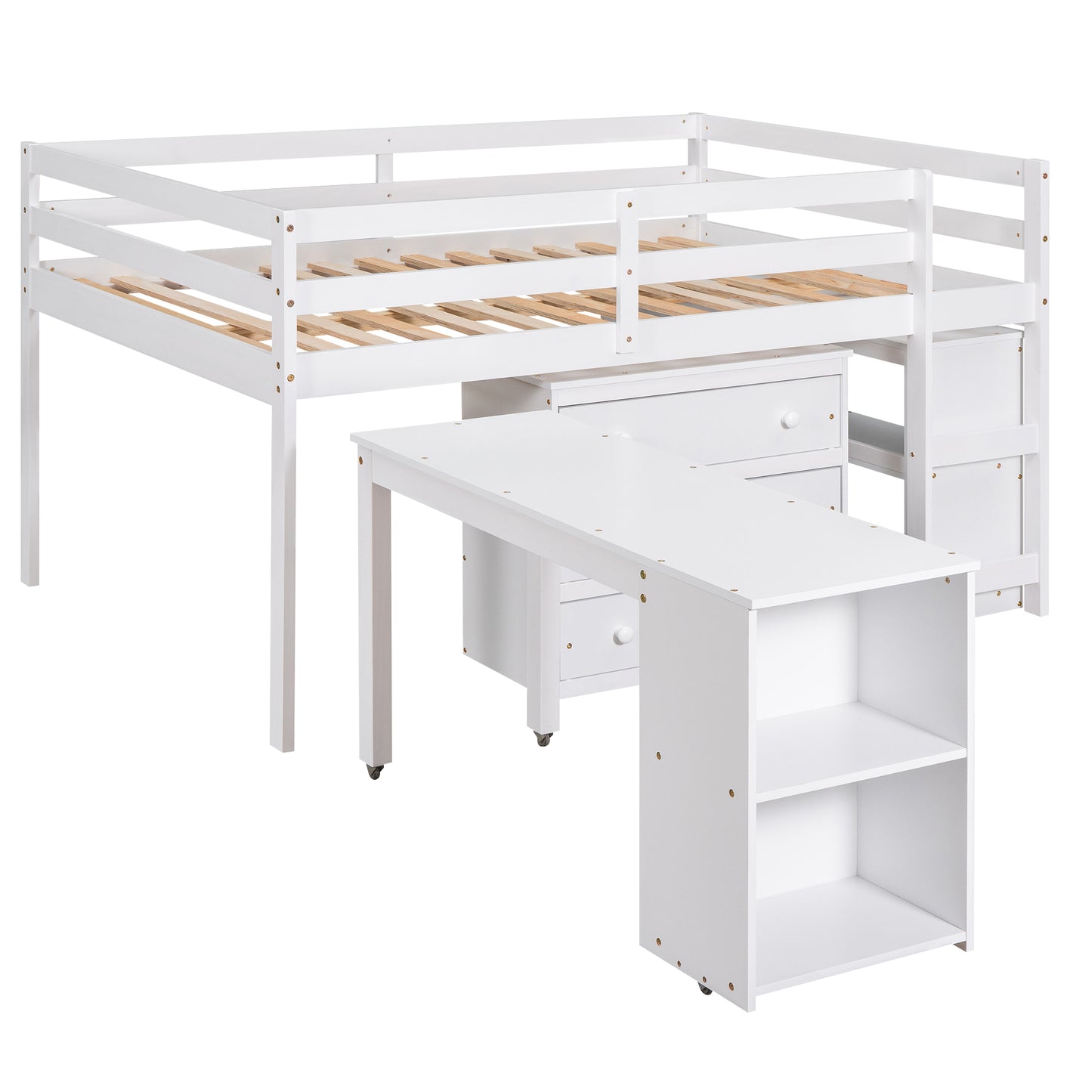 Low Study Full Loft Bed with Cabinet White