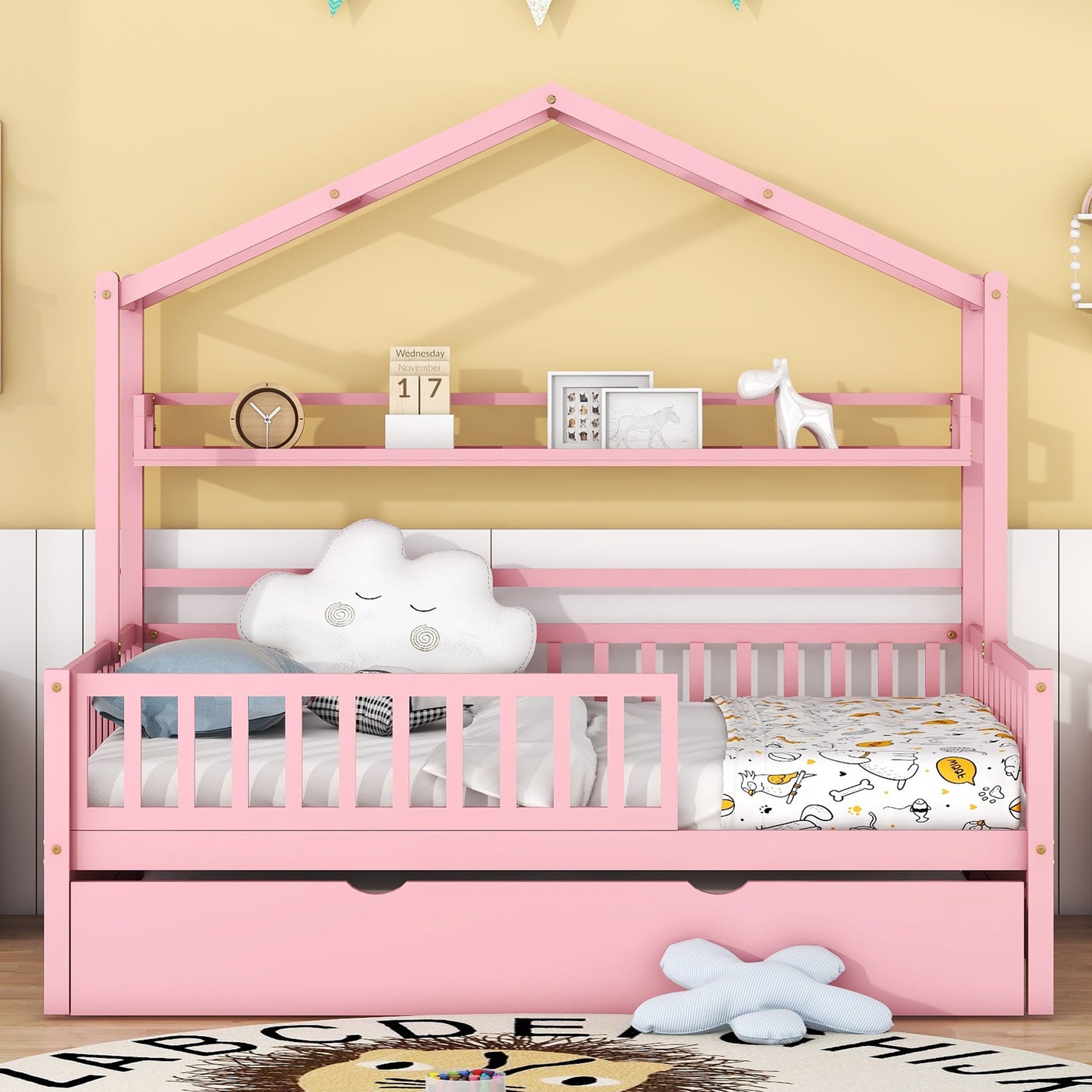 Wooden Full Size House Bed with Twin Size Pink