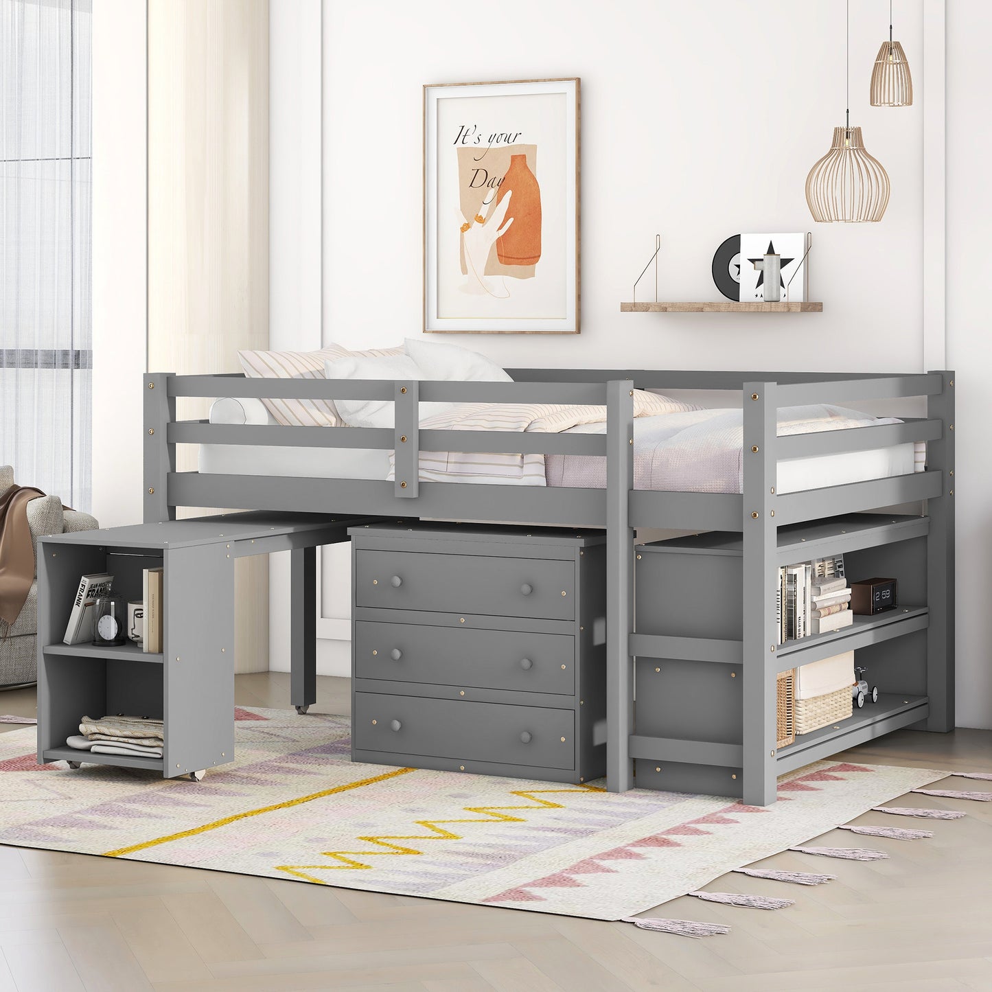 Low Study Full Loft Bed with Cabinet Gray