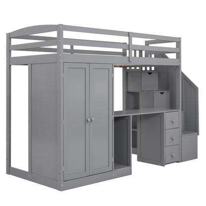 Twin Size Loft Bed with Wardrobe and Staircase  Gray