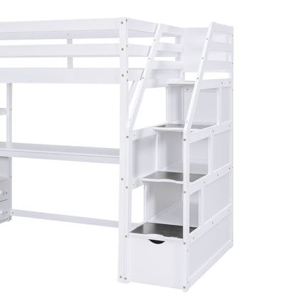 Twin Size Loft Bed with Desk and Shelves White