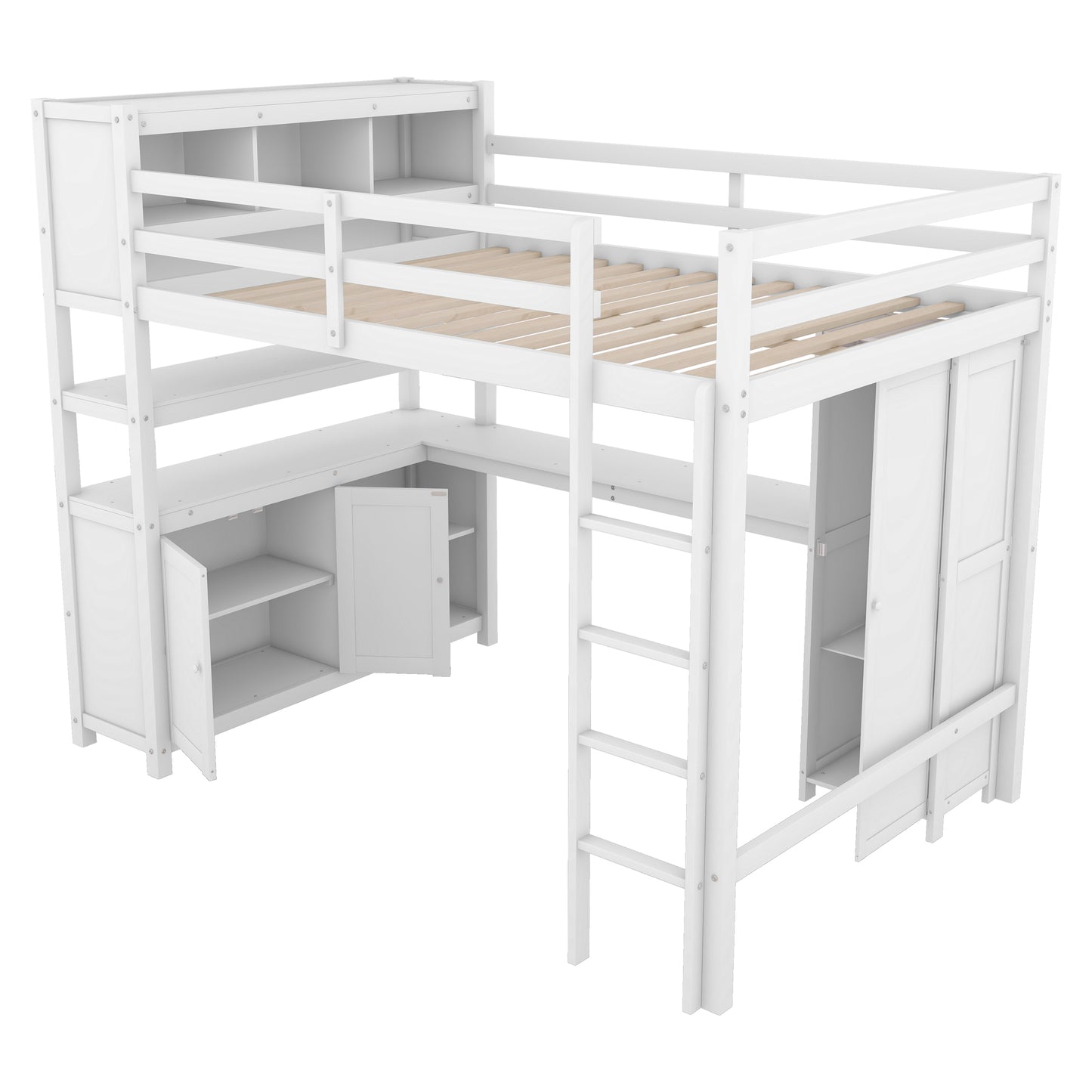 Full Size Bed Loft with Wardrobe and Desk for Kids,White
