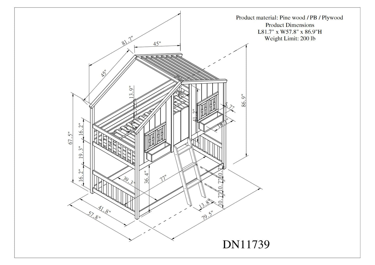 Twin House Bunk Bed with Roof, White