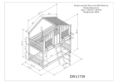 Twin House Bunk Bed with Roof, White