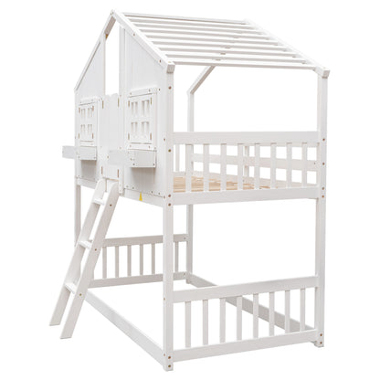 Twin House Bunk Bed with Roof, White