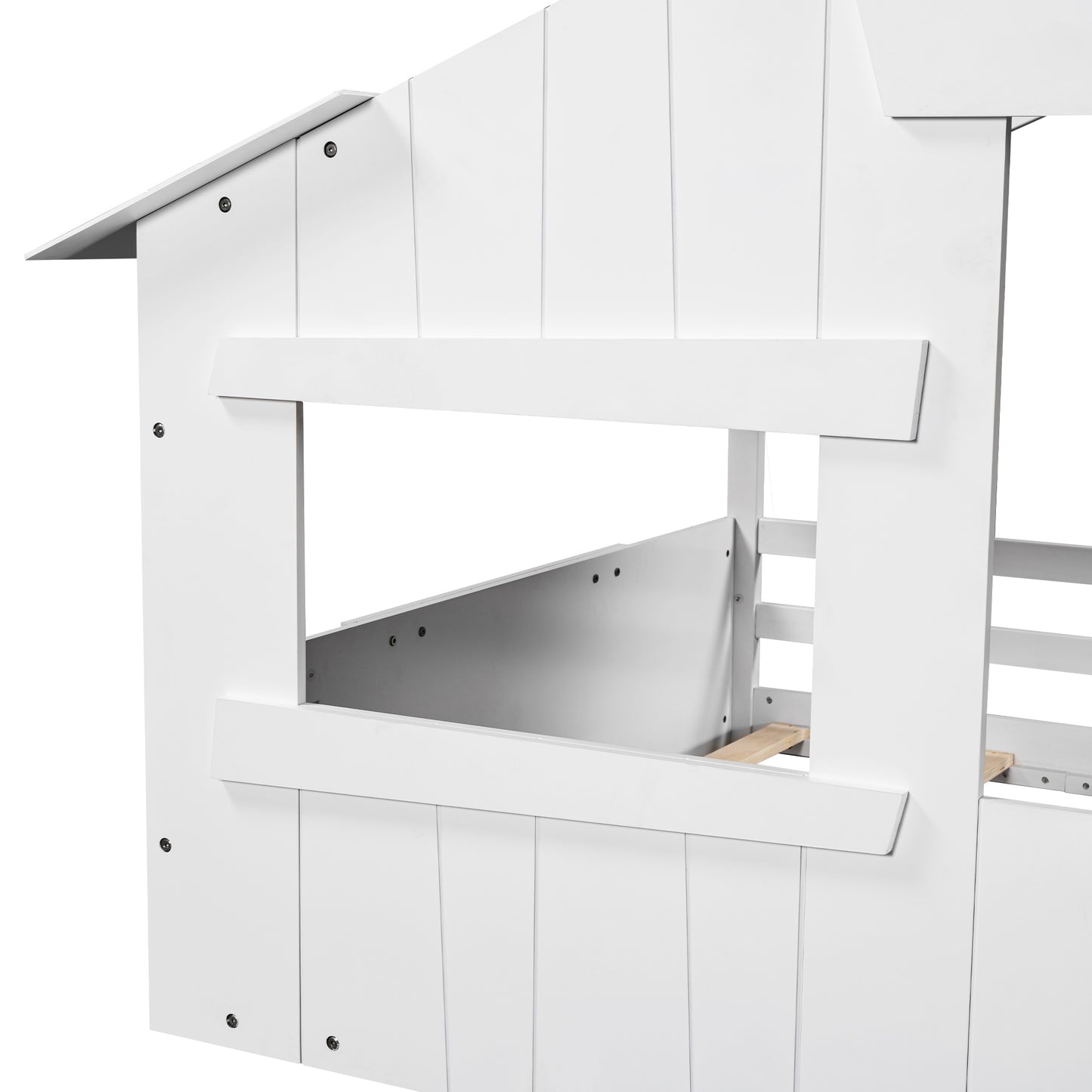 Wood Full Size House Bed with Roof,White