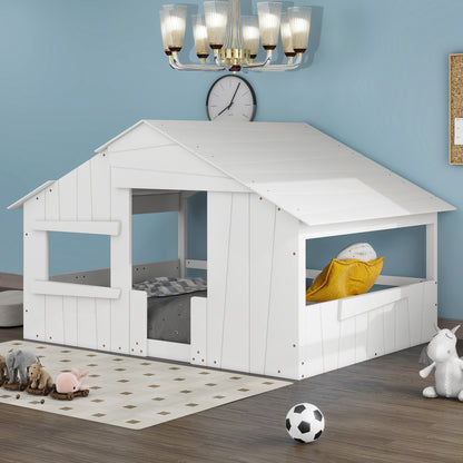 Wood Full Size House Bed with Roof,White