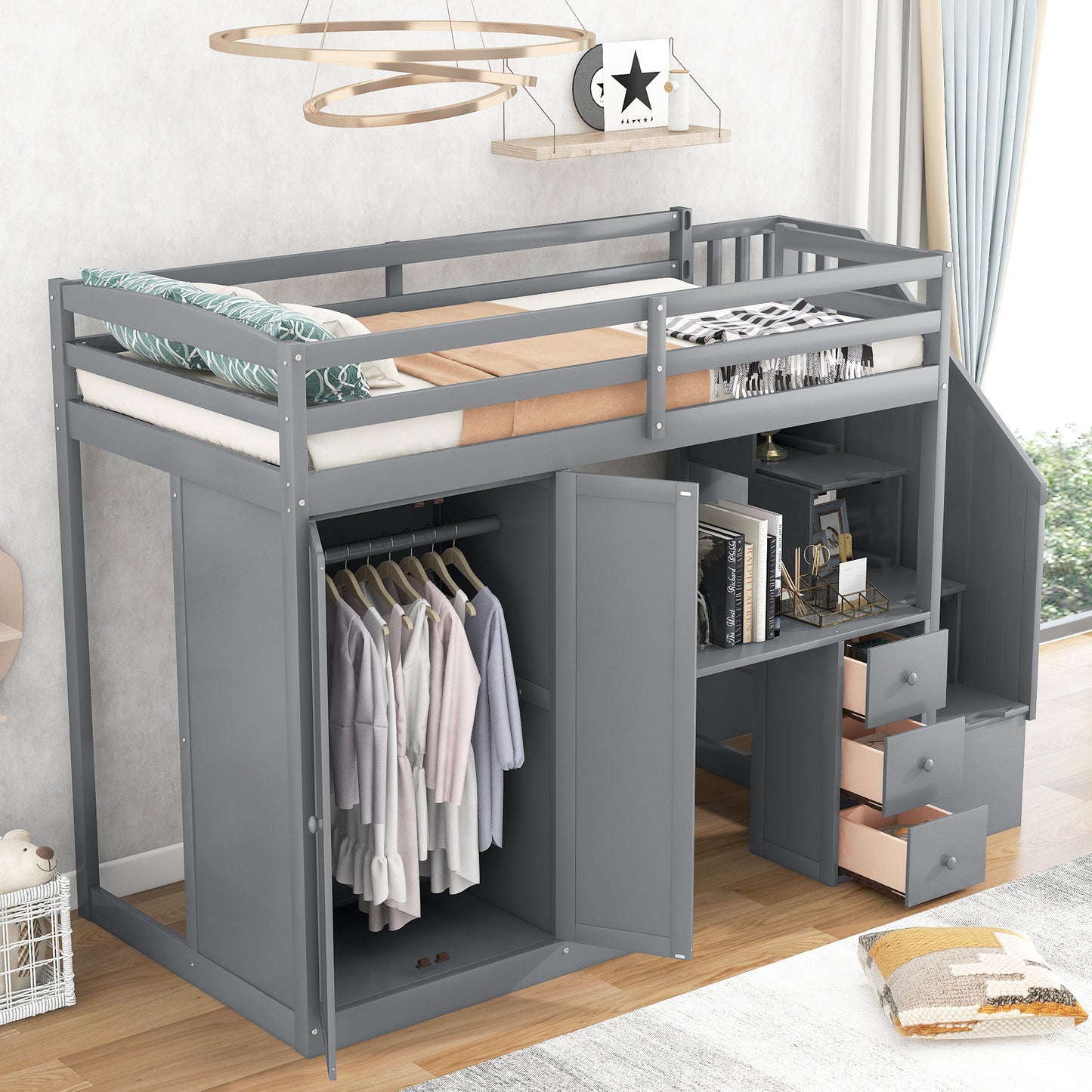 Twin Size Loft Bed with Wardrobe and Staircase  Gray