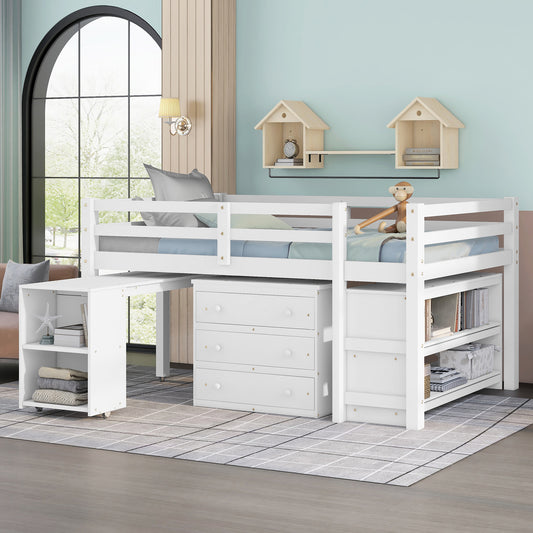 Low Study Full Loft Bed with Cabinet White