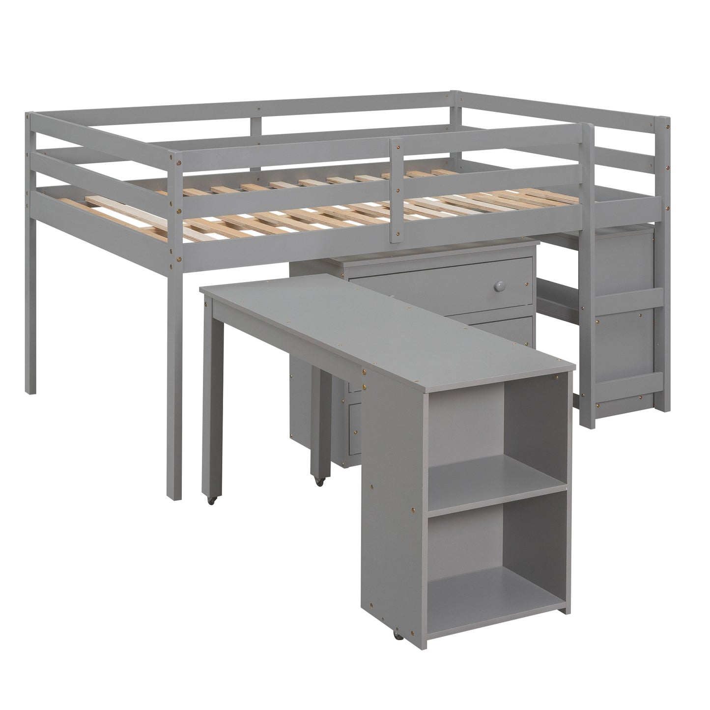 Low Study Full Loft Bed with Cabinet Gray