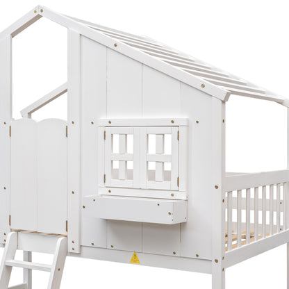 Twin House Bunk Bed with Roof, White