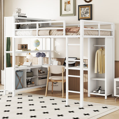Metal loft bed with wardrobe and L-shaped desk white