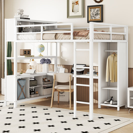 Metal loft bed with wardrobe and L-shaped desk white