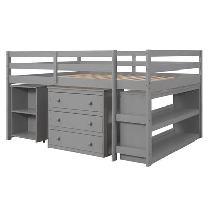 Low Study Full Loft Bed with Cabinet Gray