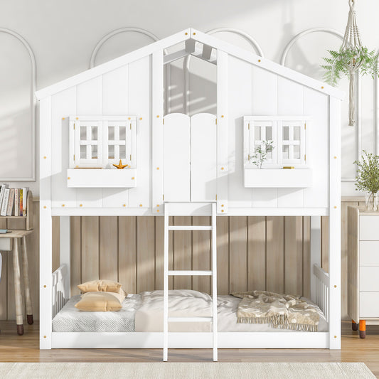 Twin House Bunk Bed with Roof, White