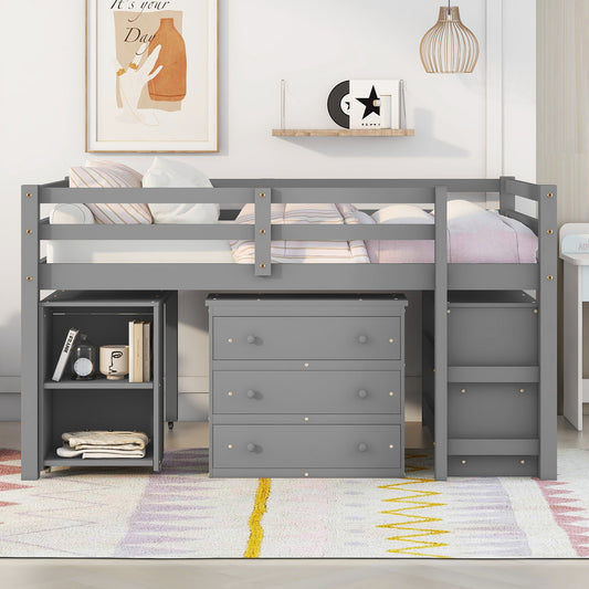 Low Study Full Loft Bed with Cabinet Gray