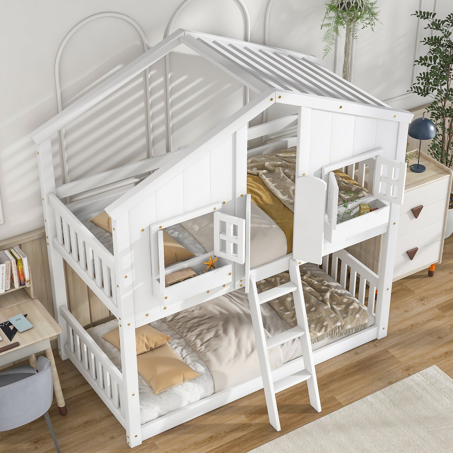Twin House Bunk Bed with Roof, White