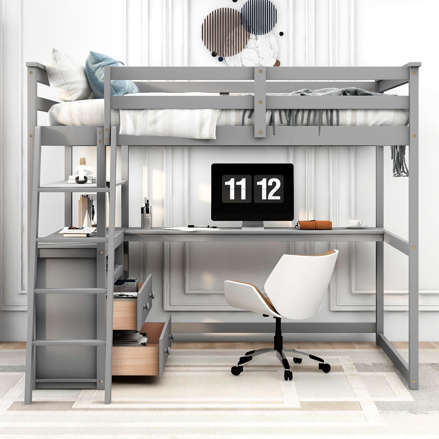Full Size Loft Bed with Desk and Shelves Gray