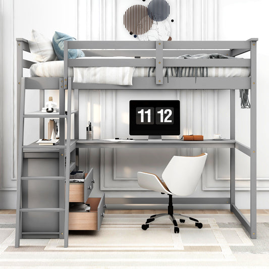 Full Size Loft Bed with Desk and Shelves Gray