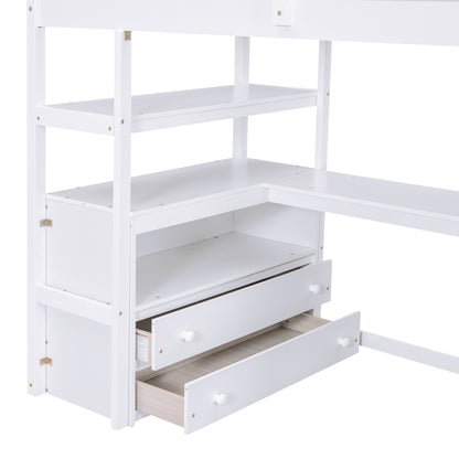 Twin Size Loft Bed with Desk and Shelves White