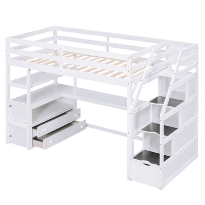 Twin Size Loft Bed with Desk and Shelves White